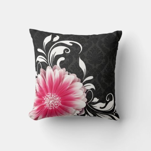 Gerbera Daisy Fancy Scroll  fuchsia black white Throw Pillow