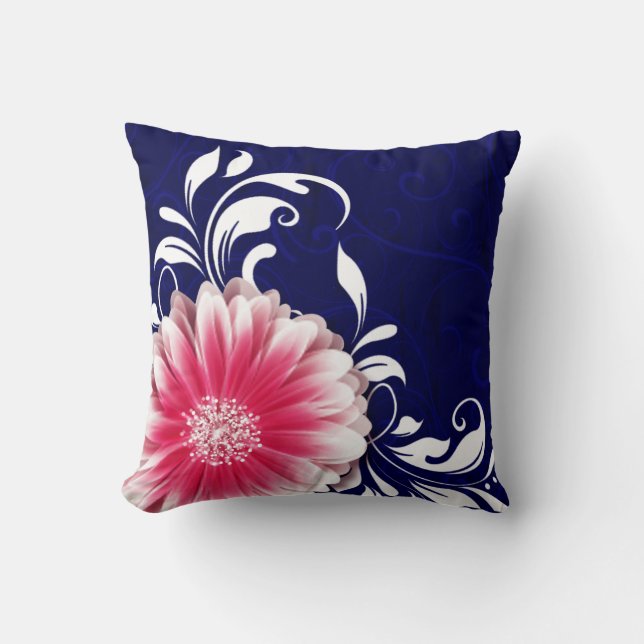 Gerbera Daisy Fancy Scroll | navy fuchsia Throw Pillow (Front)