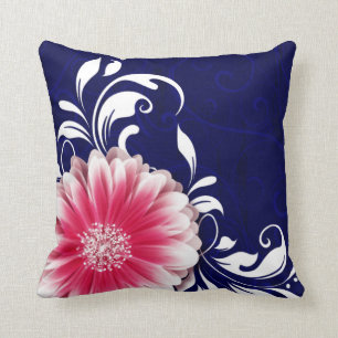 Gerbera Daisy Fancy Scroll navy fuchsia Throw Pillow