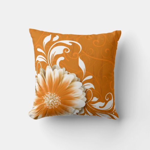 Gerbera Daisy Fancy Scroll  pumpkin orange white Throw Pillow