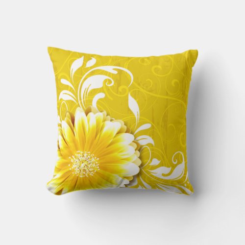 Gerbera Daisy Fancy Scroll sunflower yellow white Throw Pillow
