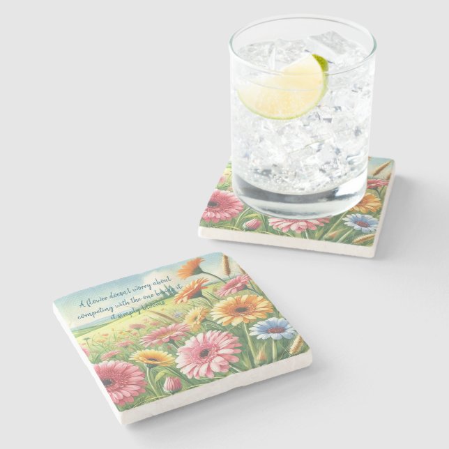 Gerbera Daisy Field & Quote	 Stone Coaster (Side)