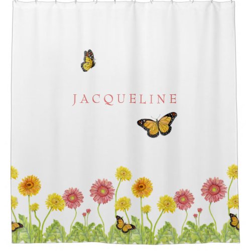 Gerbera Daisy Monarch Butterfly Girls Personalized Shower Curtain