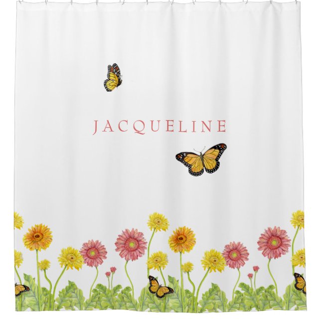 Gerbera Daisy Monarch Butterfly Girls Personalized Shower Curtain (Front)