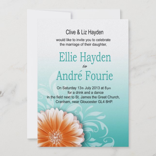 Gerbera Daisy Orange Aqua Evening Only Invitation (Front)