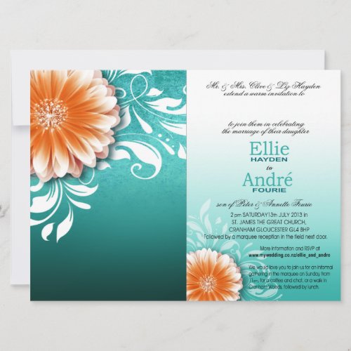 Gerbera Daisy Orange Aqua Pocket Cover Invitation