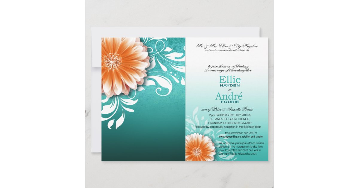 Gerbera Daisy Orange Aqua Pocket Cover Invitation | Zazzle