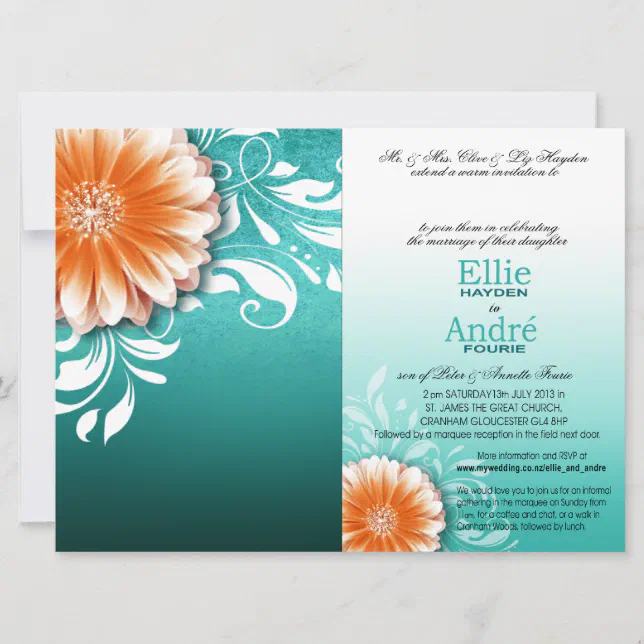 Gerbera Daisy Orange Aqua Pocket Cover Invitation | Zazzle