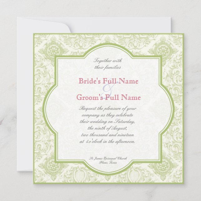 Gerbera Daisy Pink Green Quatrefoil Wedding Invite (Front)