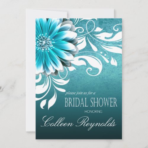 Gerbera Daisy Scroll Bridal Shower teal Invitation