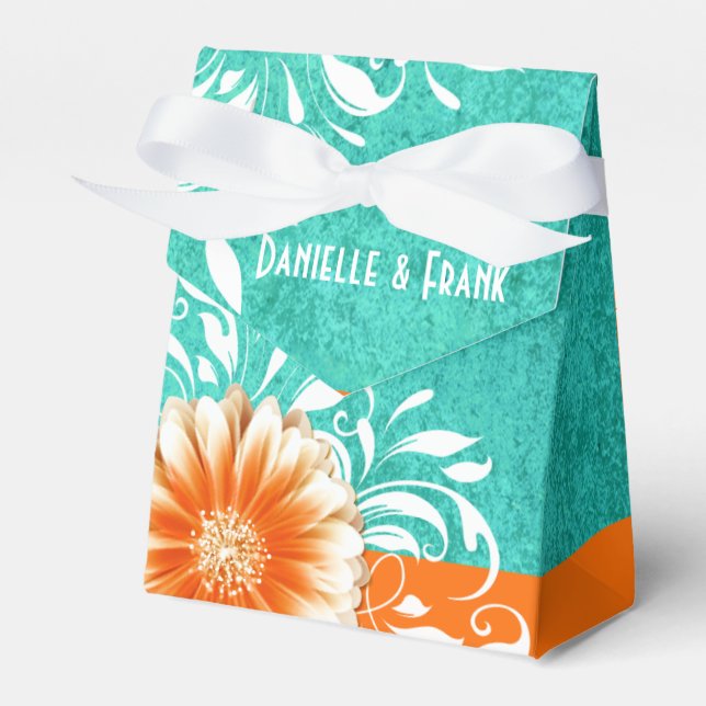 Gerbera Daisy Scroll | orange turquoise Favor Boxes (Front Side)