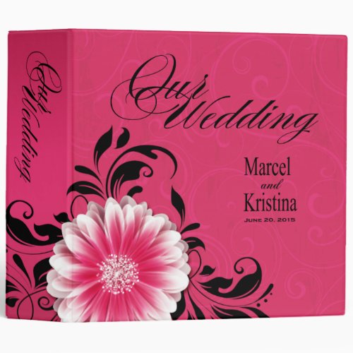 Gerbera Daisy Scroll Wedding Album fuchsia black Binder