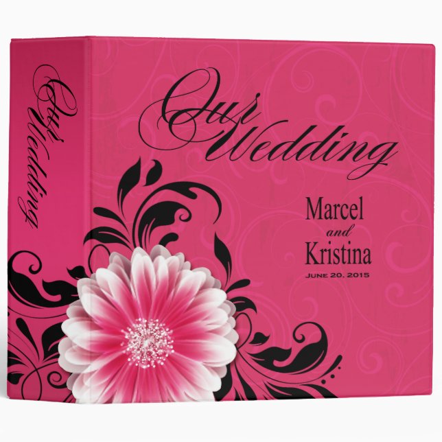 Gerbera Daisy Scroll Wedding Album fuchsia black Binder (Front/Spine)