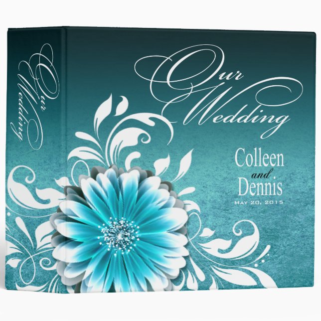 Gerbera Daisy Scroll Wedding Album teal Binder (Front/Spine)