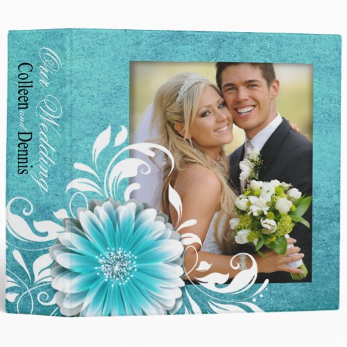 Gerbera Daisy Scroll Wedding Photo Album teal Binder