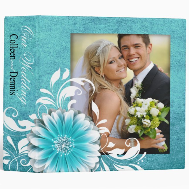 Gerbera Daisy Scroll Wedding Photo Album teal Binder (Front/Spine)
