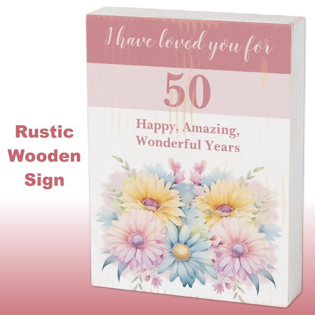 Gerbera floral 50th anniversary wife pink rustic wooden box sign (Creator Uploaded)