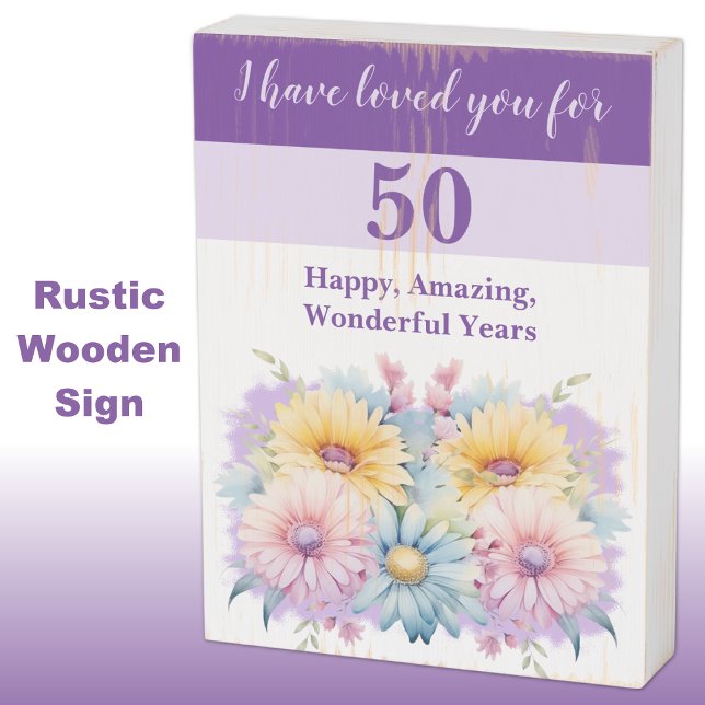 Gerbera floral 50th anniversary wife purple rustic wooden box sign (Creator Uploaded)