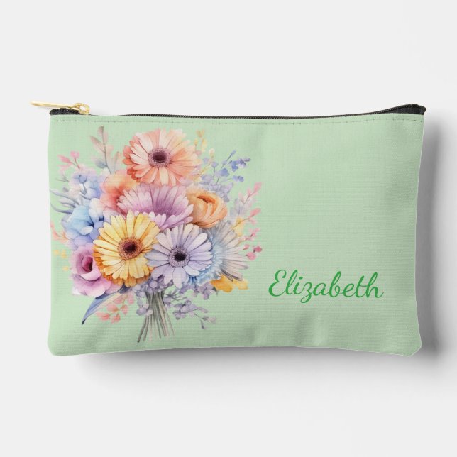Gerbera flowers add name green accessory pouch (Front)