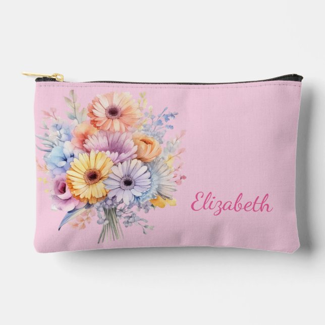 Gerbera flowers add name pink accessory pouch (Front)