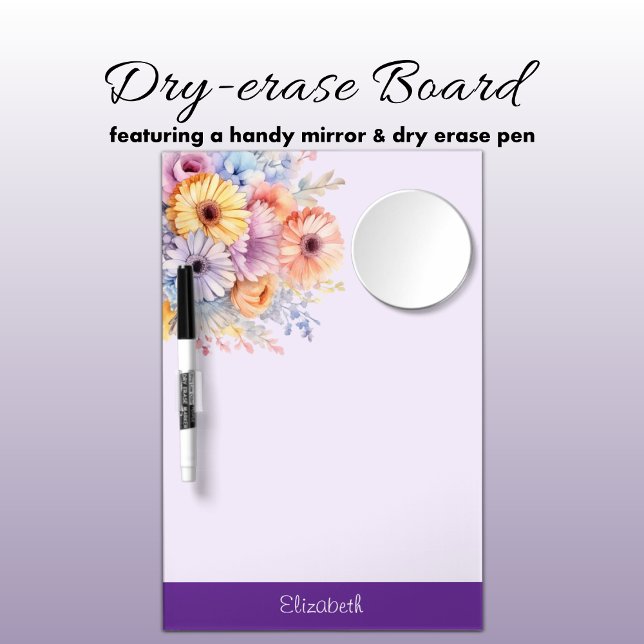 Gerbera flowers add name purple dry erase board with mirror (Creator Uploaded)