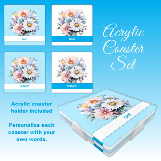 Gerbera flowers blue white acrylic coaster set (Creator Uploaded)