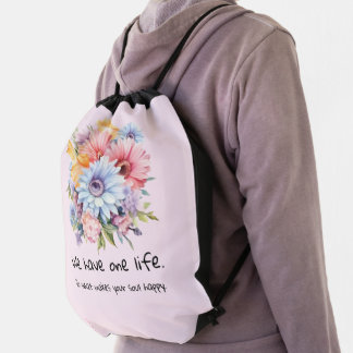 Gerbera flowers positive words pink drawstring bag