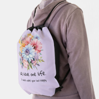 Gerbera flowers positive words purple drawstring bag