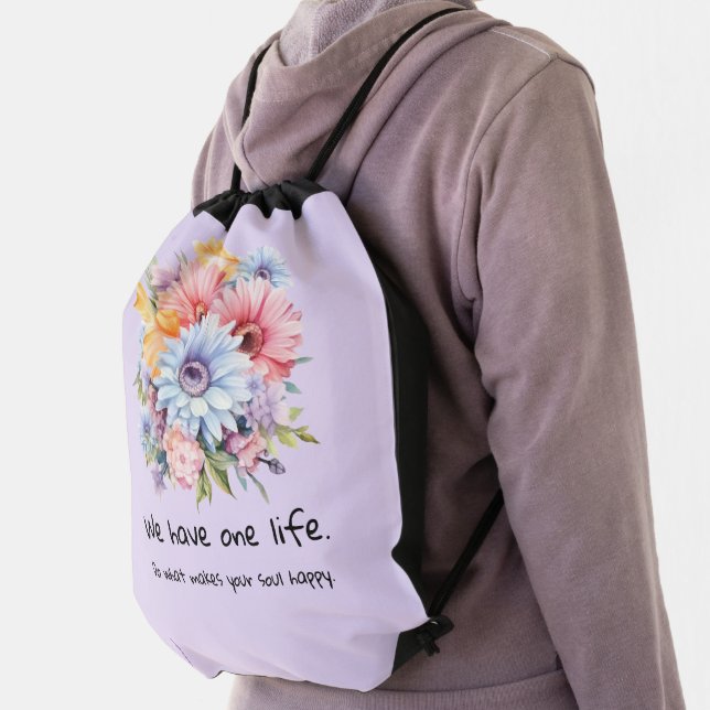 Gerbera flowers positive words purple drawstring bag (Insitu)