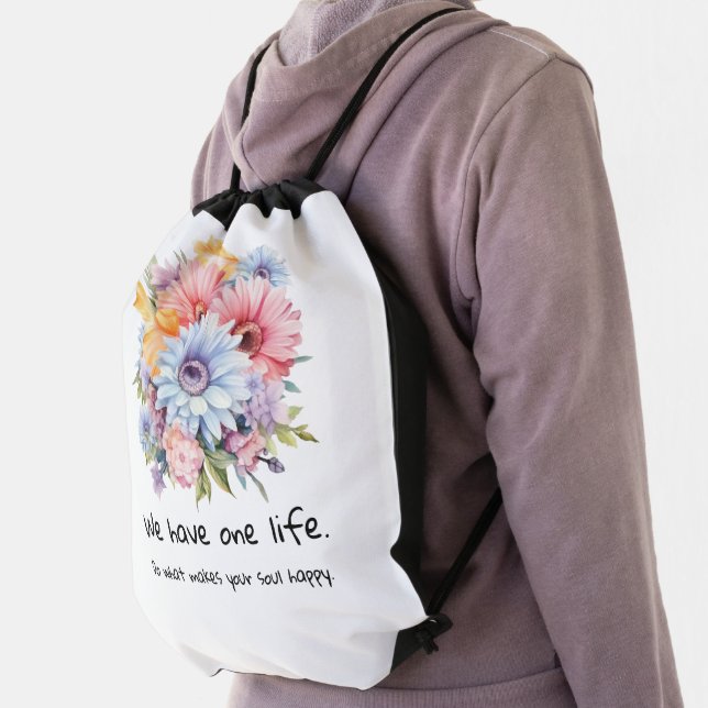 Gerbera flowers positive words white drawstring bag (Insitu)