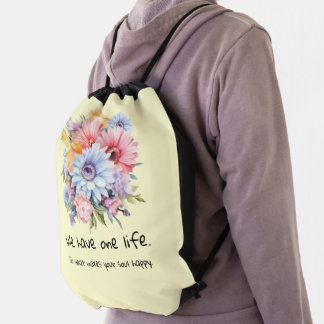 Gerbera flowers positive words yellow drawstring bag