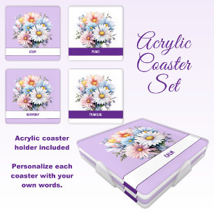 Gerbera flowers purple white acrylic coaster set