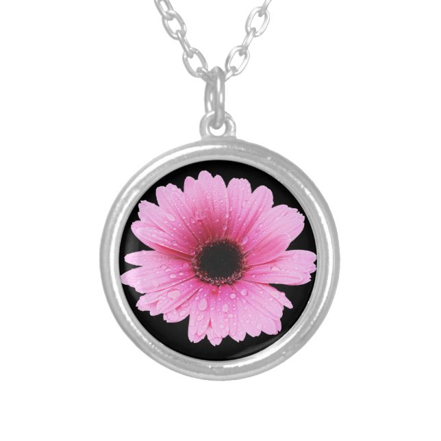 Gerbera Pink - Daisy Silver Plated Necklace (Front)