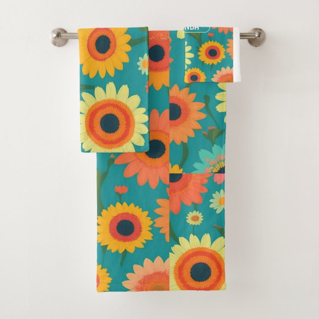 Gerbera Retro Colorful Personalized Pattern Bath Towel Set (Insitu)
