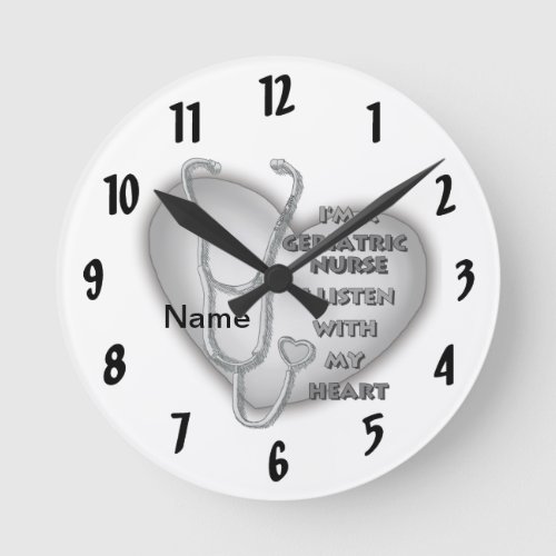 Geriatric Nurse Gray Heart custom name Round Clock