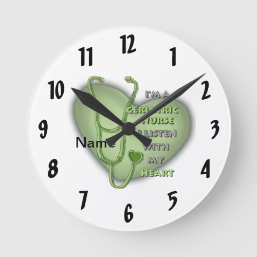 Geriatric Nurse Green Heart custom name Round Clock