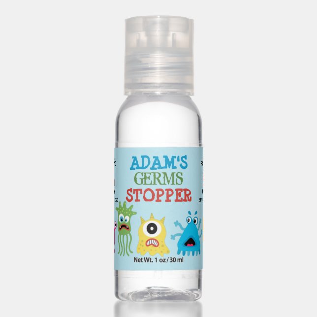 Germ stopper with cute bacteria kids party favor hand sanitizer (Front)