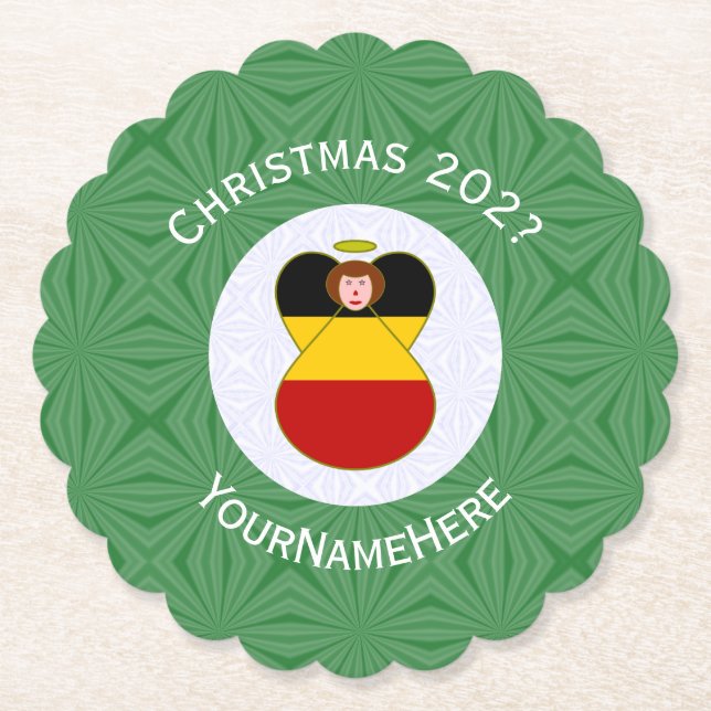German Angel Christmas Flag Personalized  Paper Coaster (Front)