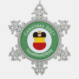German Angel Christmas Flag Personalized  Snowflake Pewter Christmas Ornament