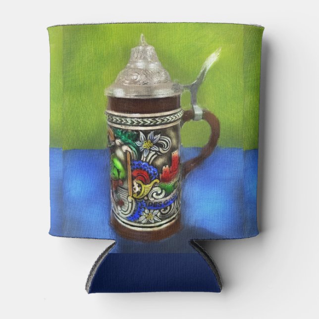 German Beer Stein w/Hinged Lid Blue Green Can Cooler (Front)