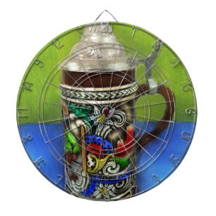 German Beer Stein w/Hinged Lid Blue Green Dart Board