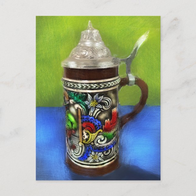 German Beer Stein w/Hinged Lid Blue Green Postcard (Front)