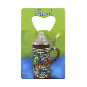 German Beer Stein w/Hinged Lid Blue Personalized Credit Card Bottle Opener