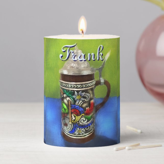 German Beer Stein w/Hinged Lid Personalized Pillar Candle (In Situ)