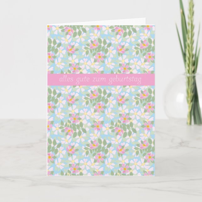 German Birthday Card: Pink Dogroses on Blue Card (Front)