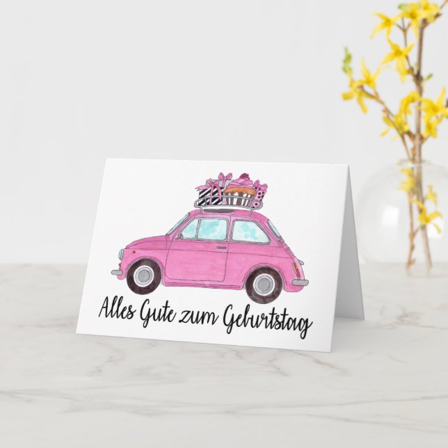 German Birthday Retro Fiat 500 Card (Yellow Flower)