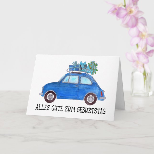 German Birthday Retro Fiat 500 Card (Orchid)