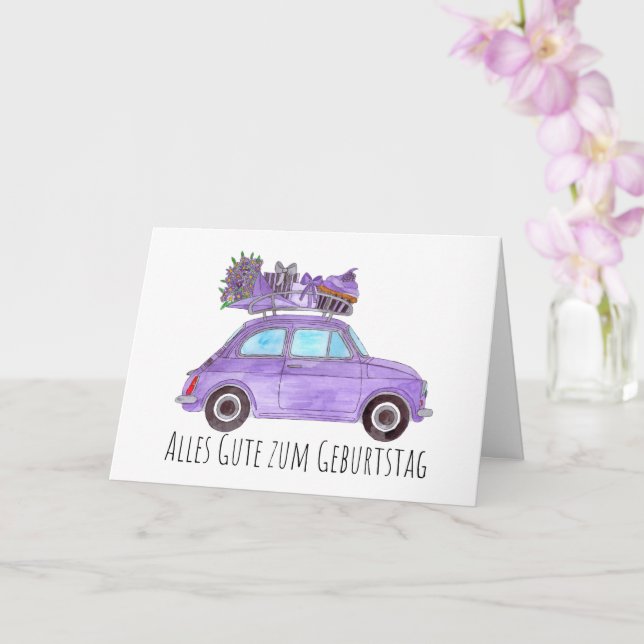 German Birthday Retro Fiat 500 Card (Orchid)