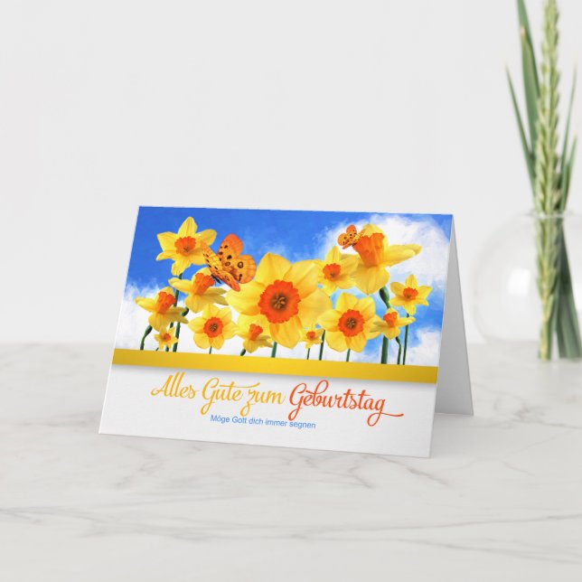 GERMAN Birthday with Daffodil Garden Butterflies Card (Front)