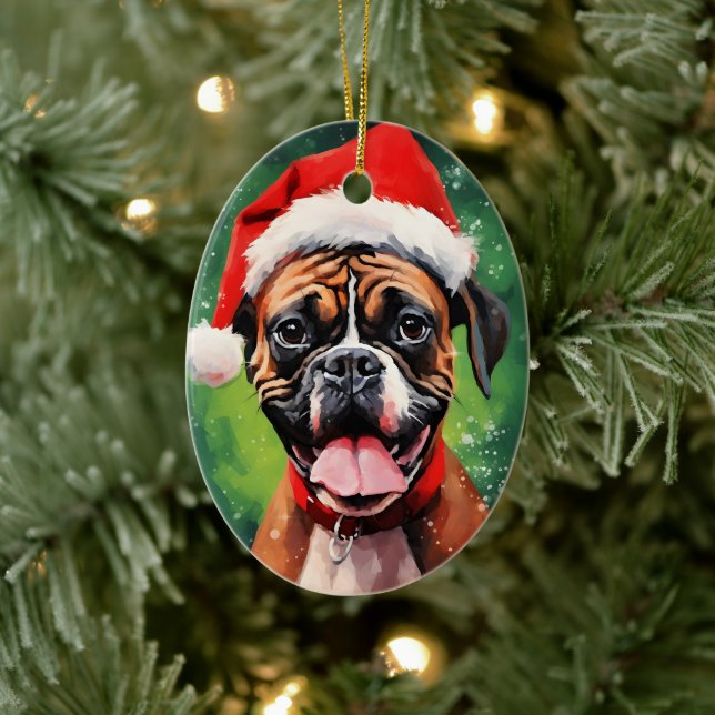 German Boxer Christmas brush painting artwork Ceramic Ornament (Tree)